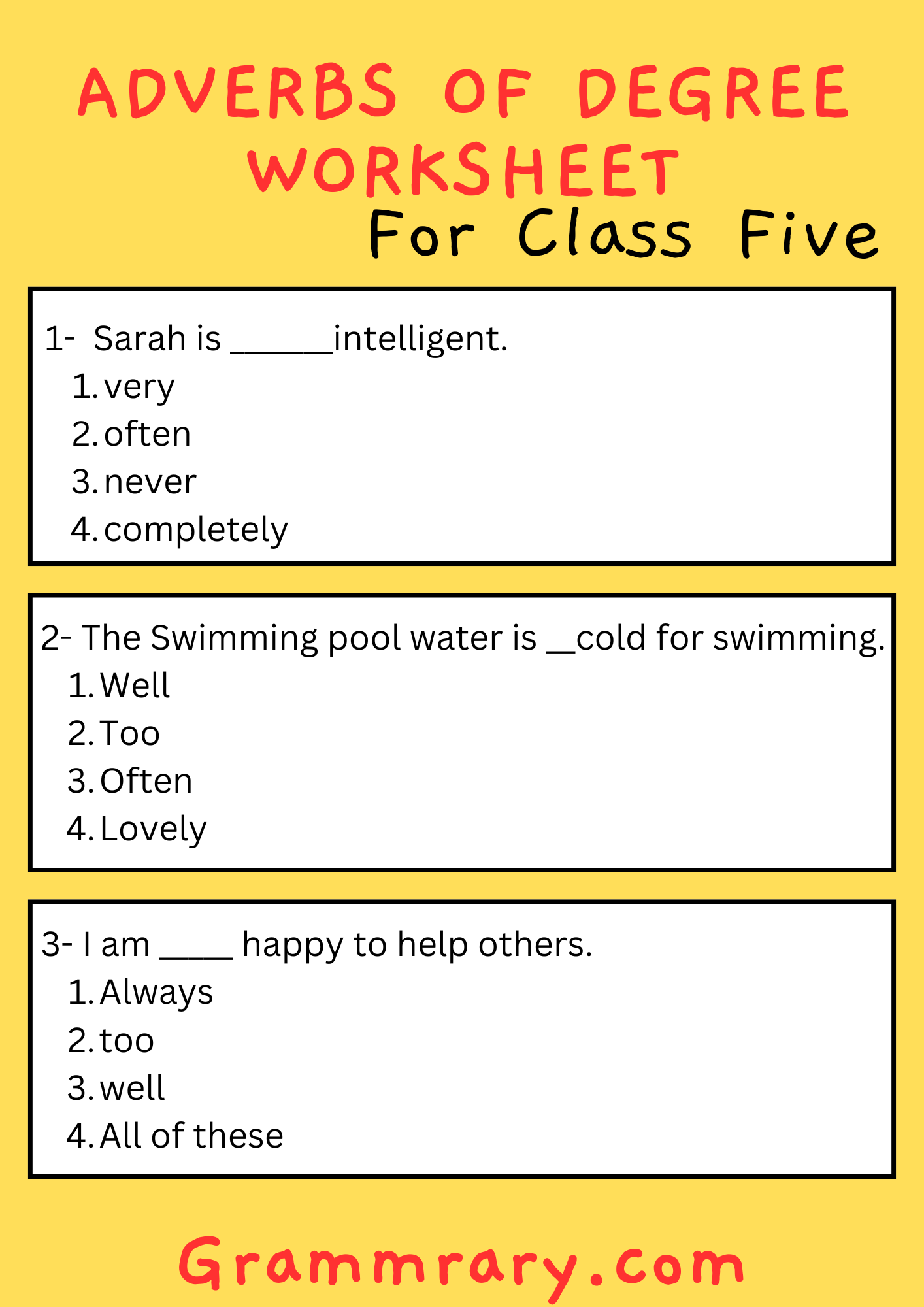 Adverbs of Degree Worksheet for Grade 5