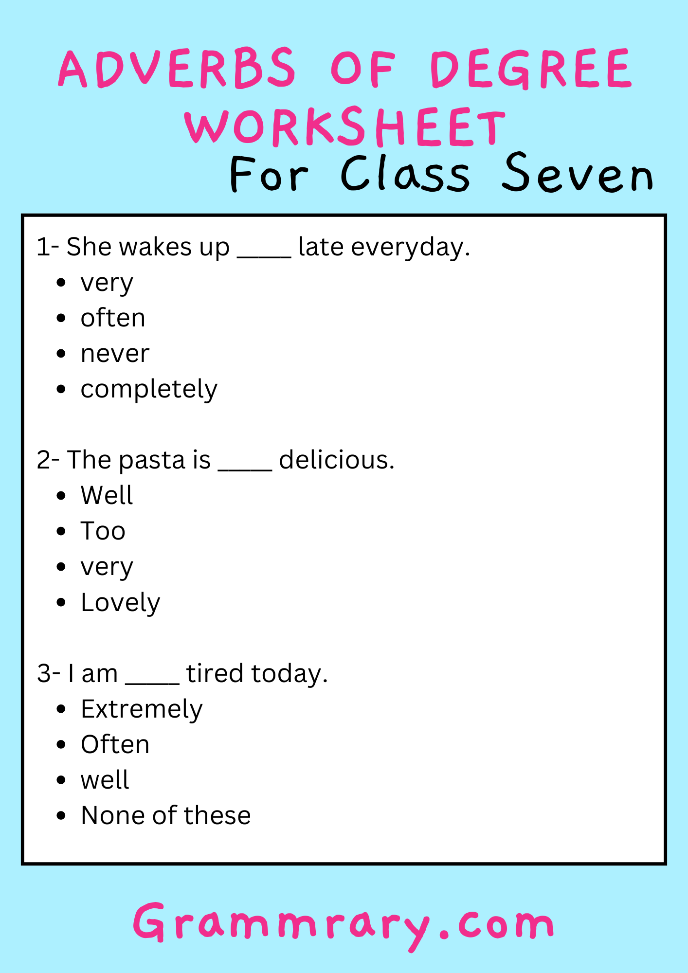 Adverbs of Degree Worksheet for grade 7