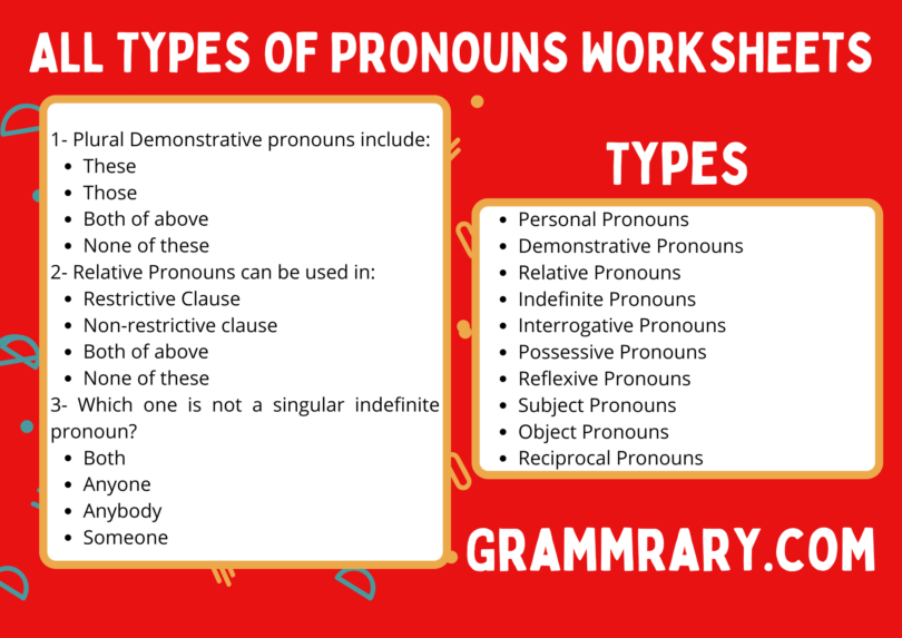 All types of Pronouns Worksheet