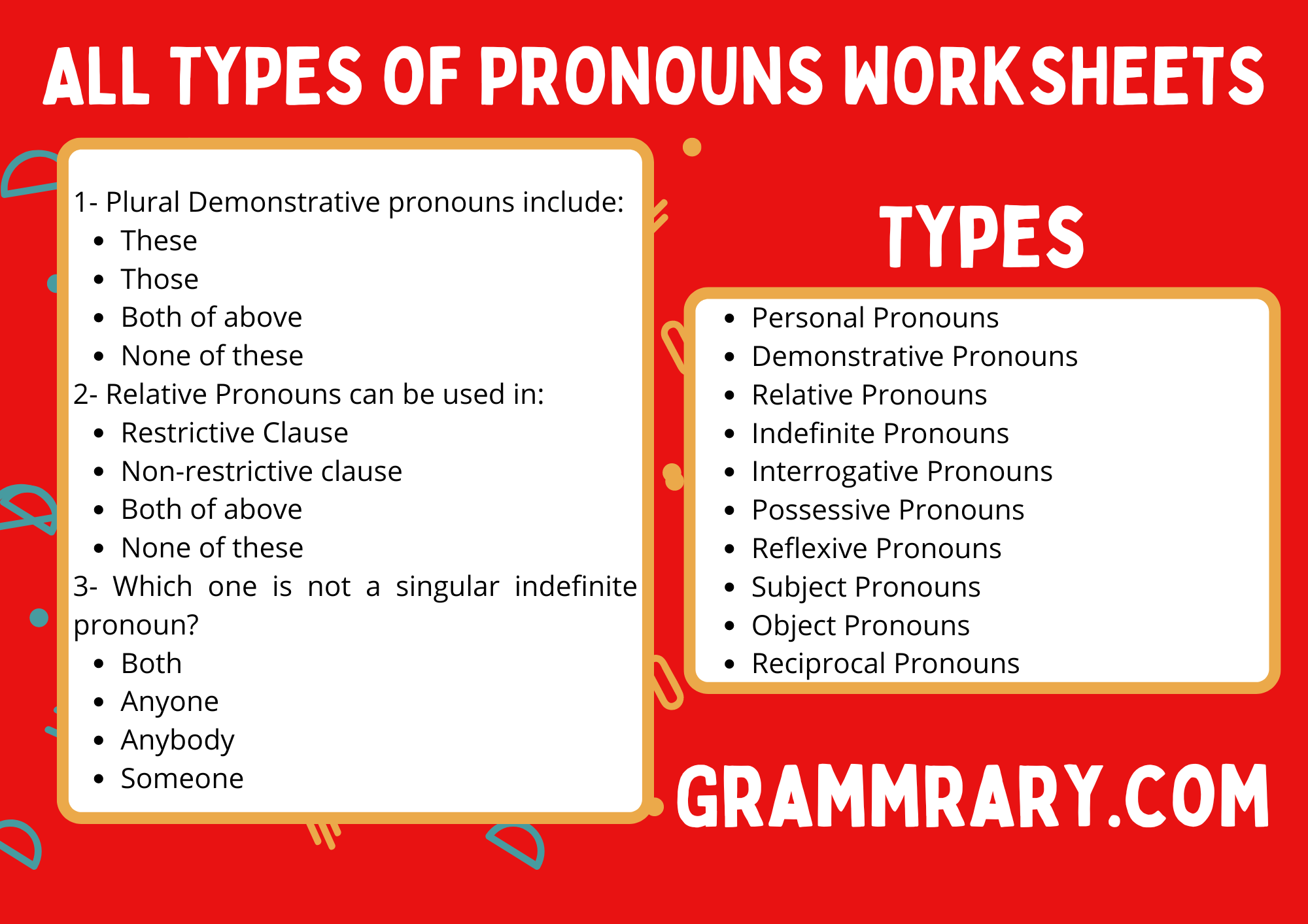 Types of Pronouns Worksheet with Answers PDF - grammrary.com