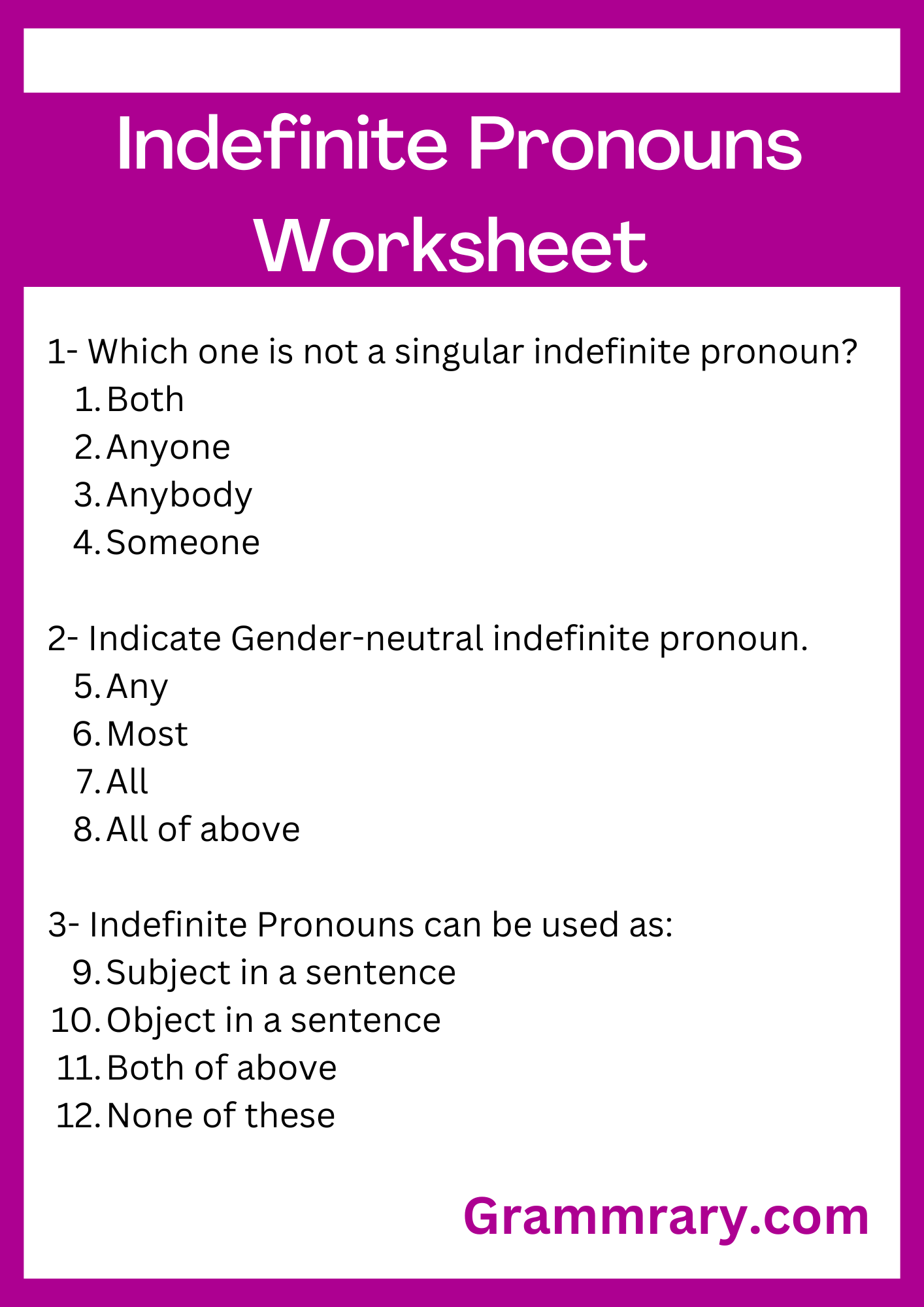 Indefinite Pronouns Worksheet