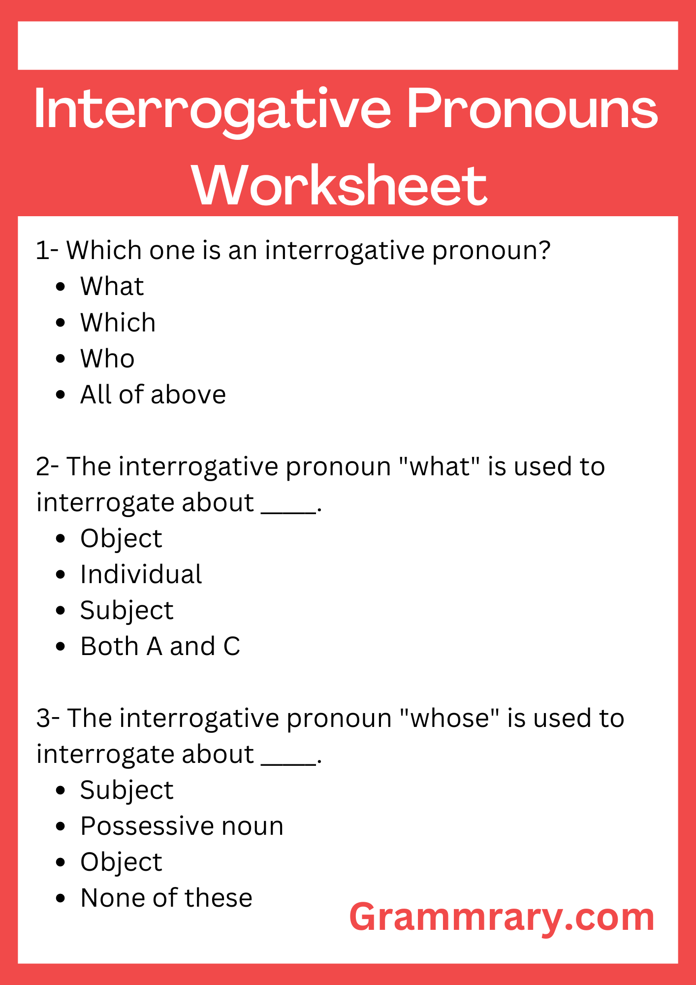 Types of Pronouns Worksheet, Interrogative Pronouns