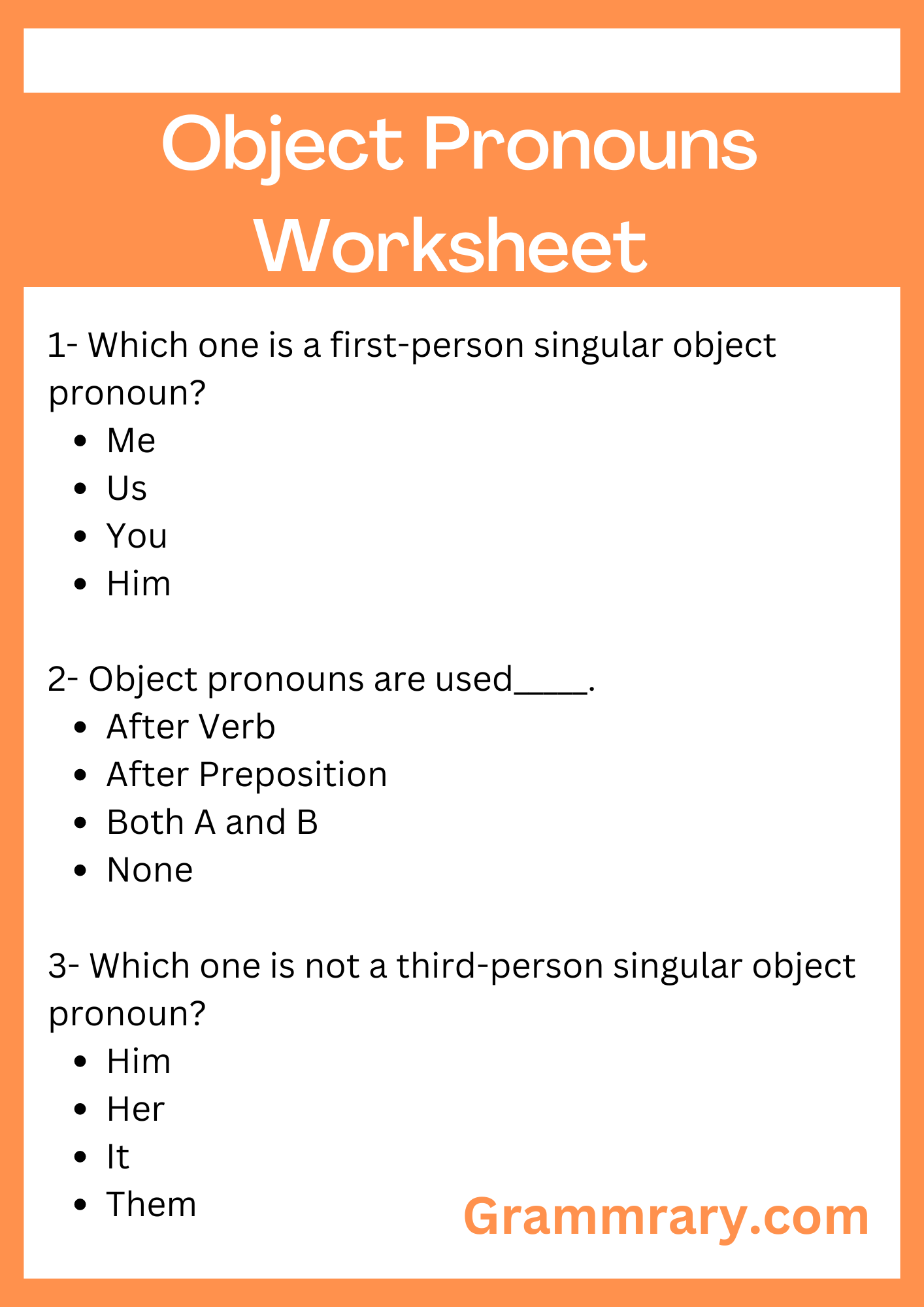 Types of Pronouns Worksheet, Object Pronouns