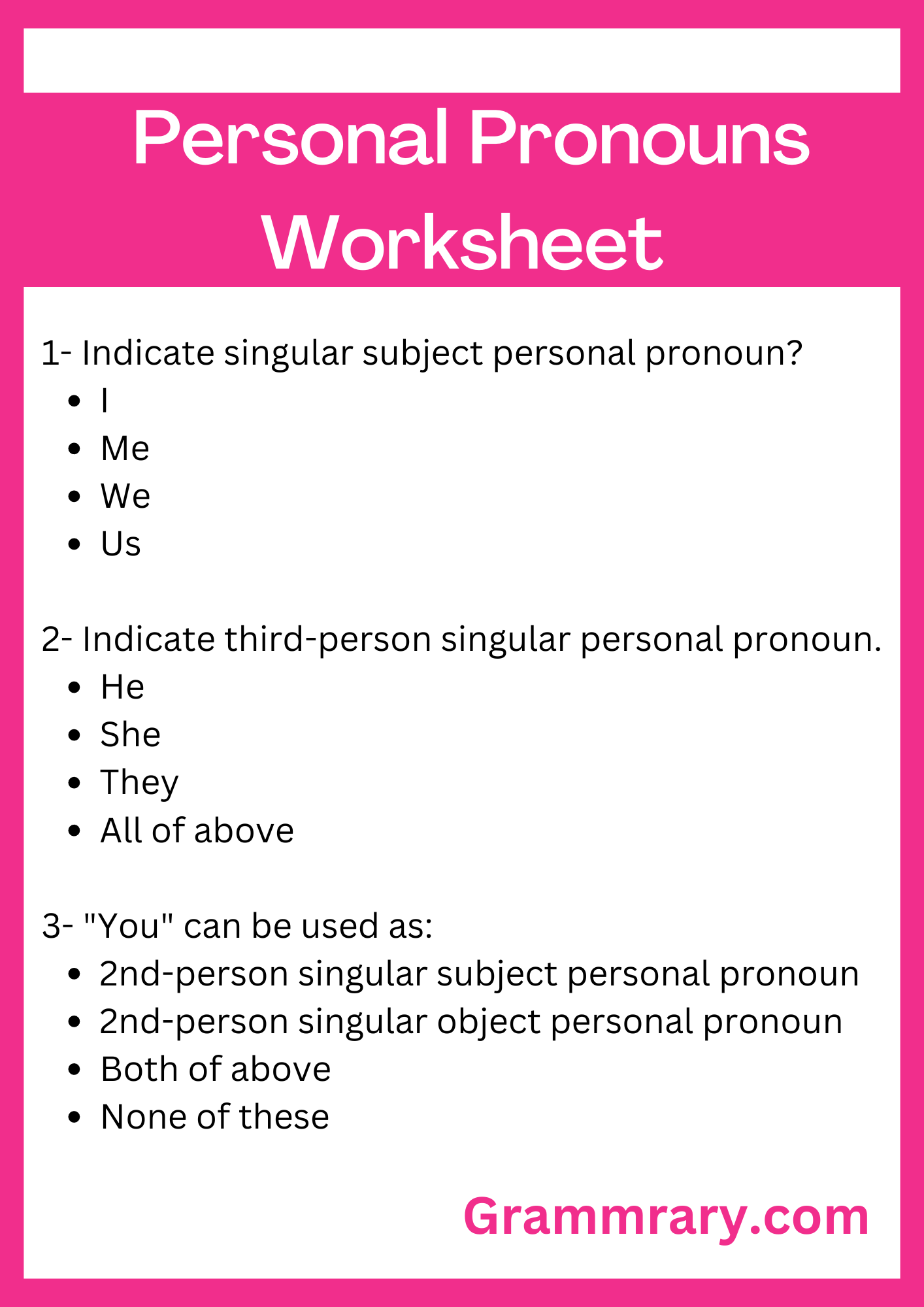 Types of Pronouns Worksheet, Personal Pronouns