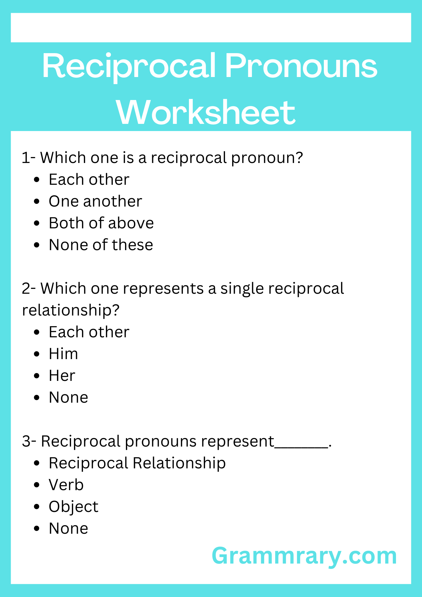 Types of Pronouns Worksheet, Reciprocal Pronouns