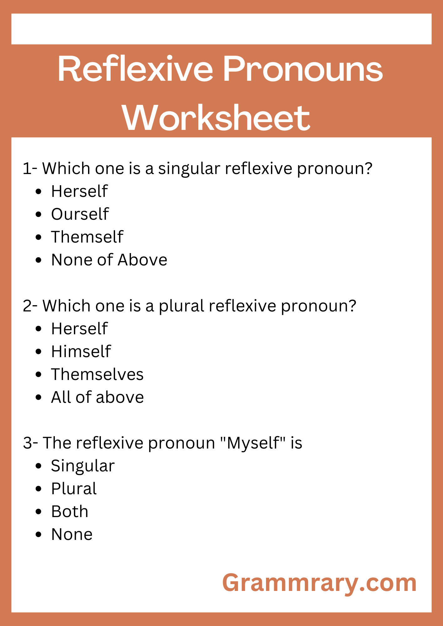 Reflexive Pronouns, Types of Pronouns Worksheet