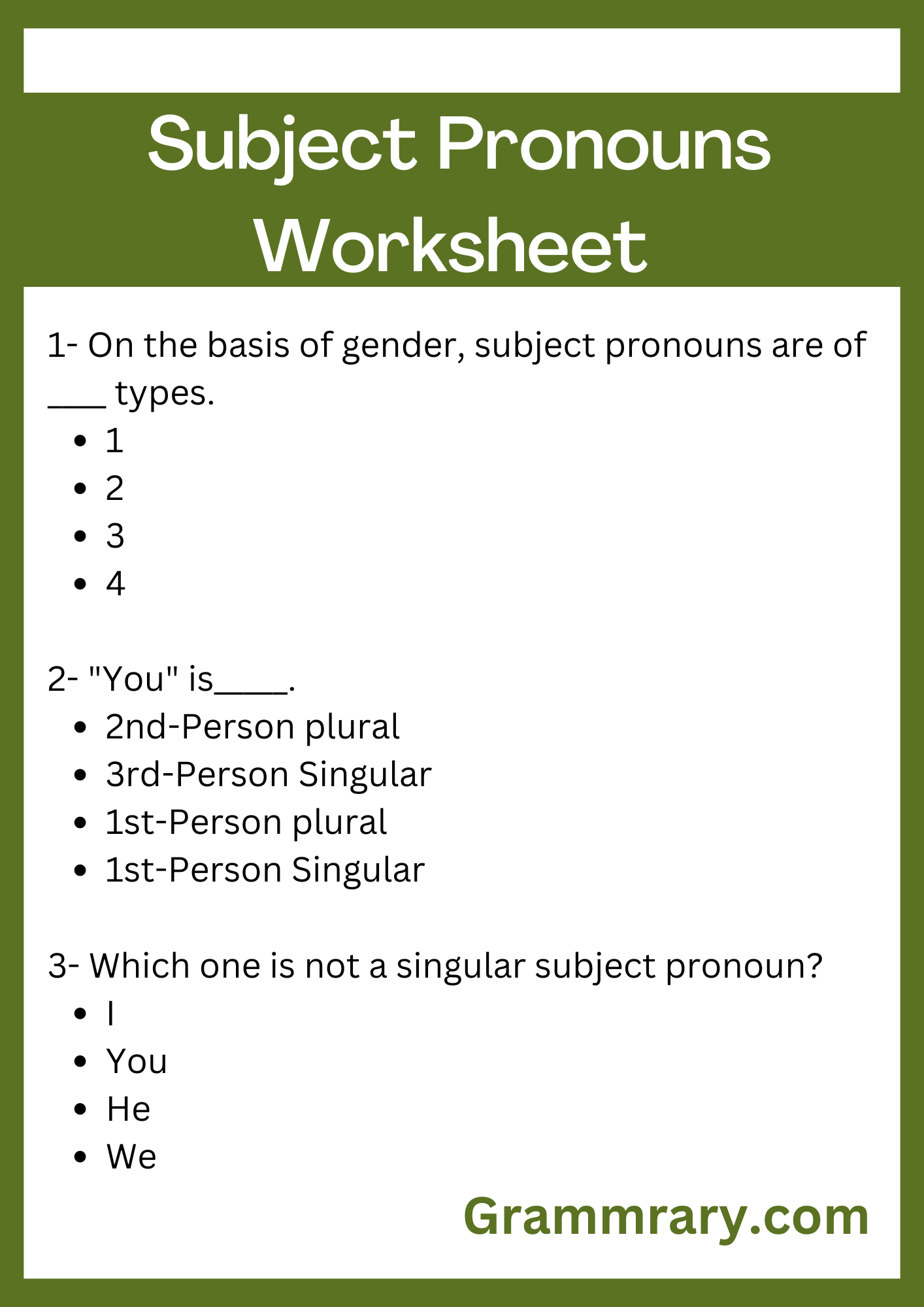 Types of Pronouns worksheet, Subject Pronouns 