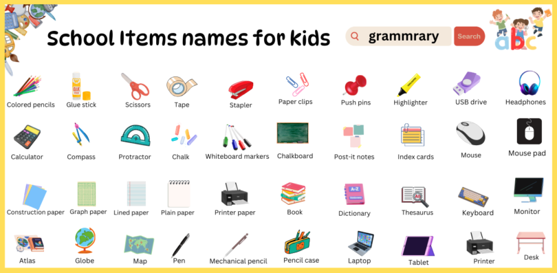 School Items names for kids in English with Pictures